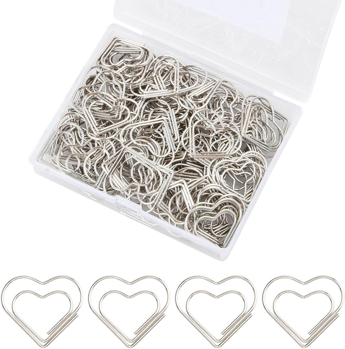 Pack of 100 paper clips - metalen paper clips - paper clips met plastic box - gouden paper clips - hartvormige paper clips - zilveren paper clips