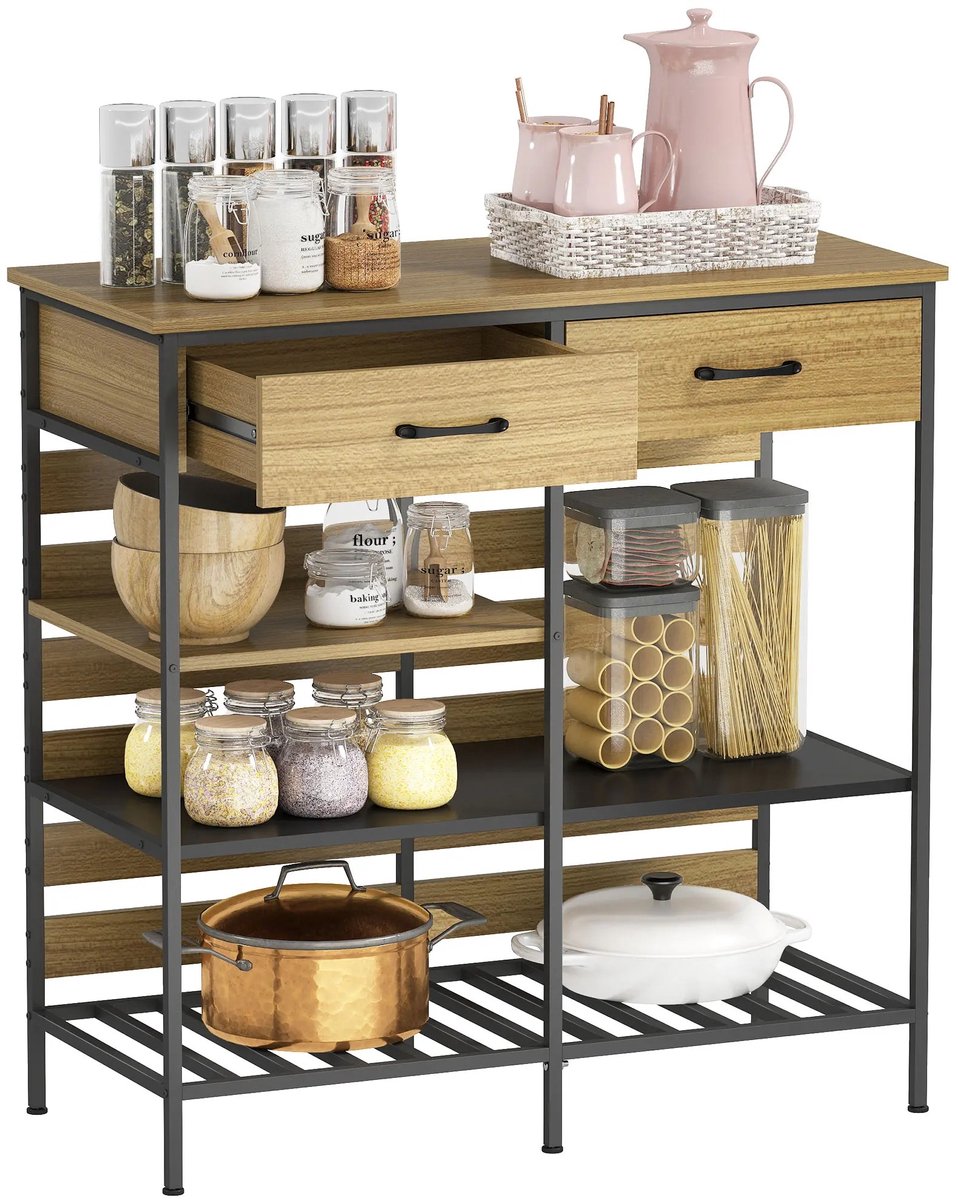 Bresht Keukenkast - Dressior - Opbergmeubel - 2 laden - 3 open planken - Verstelbare voeten - Zwart en houtlook - 90 × 40 × 91 cm