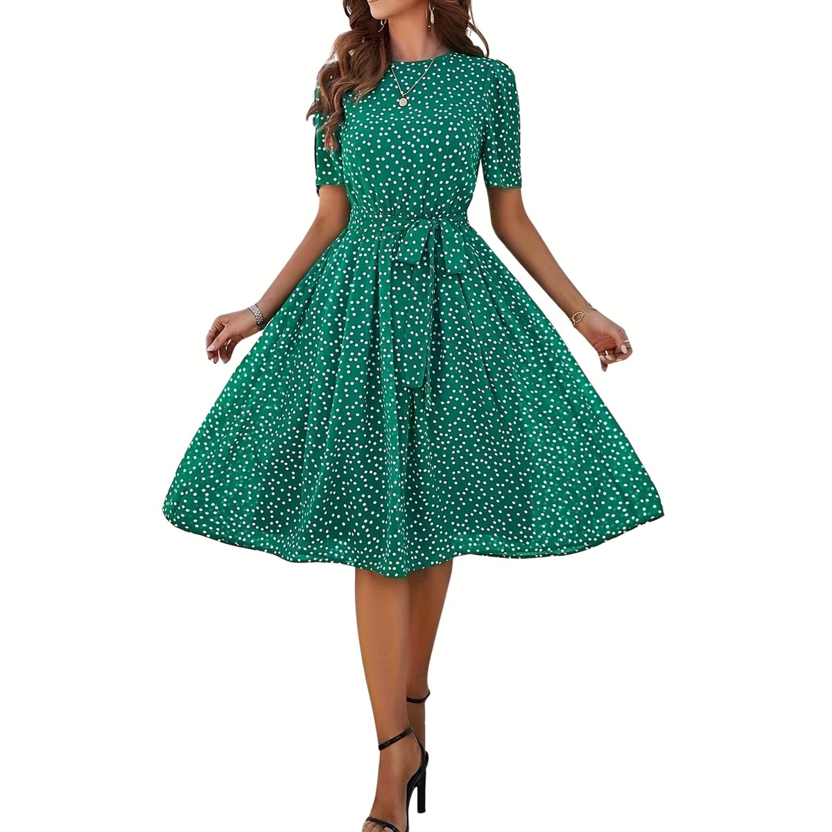 Currero Jurk Met Polkadots Stippen Zomerjurk Dames Zomerjurken Midi Jurk Volwassenen Ibiza Stijl Sundress Dress Groen
