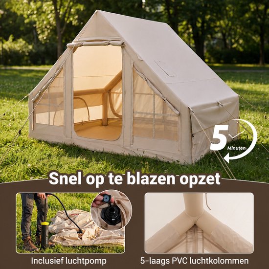 Opblaasbare tent - pblaasbare glamping tent - Waterdicht - Tot 4 personen - Kaki - Camping - Tuin - Glamping - 295 Lx 205 B x 200 H cm — afbeelding 3