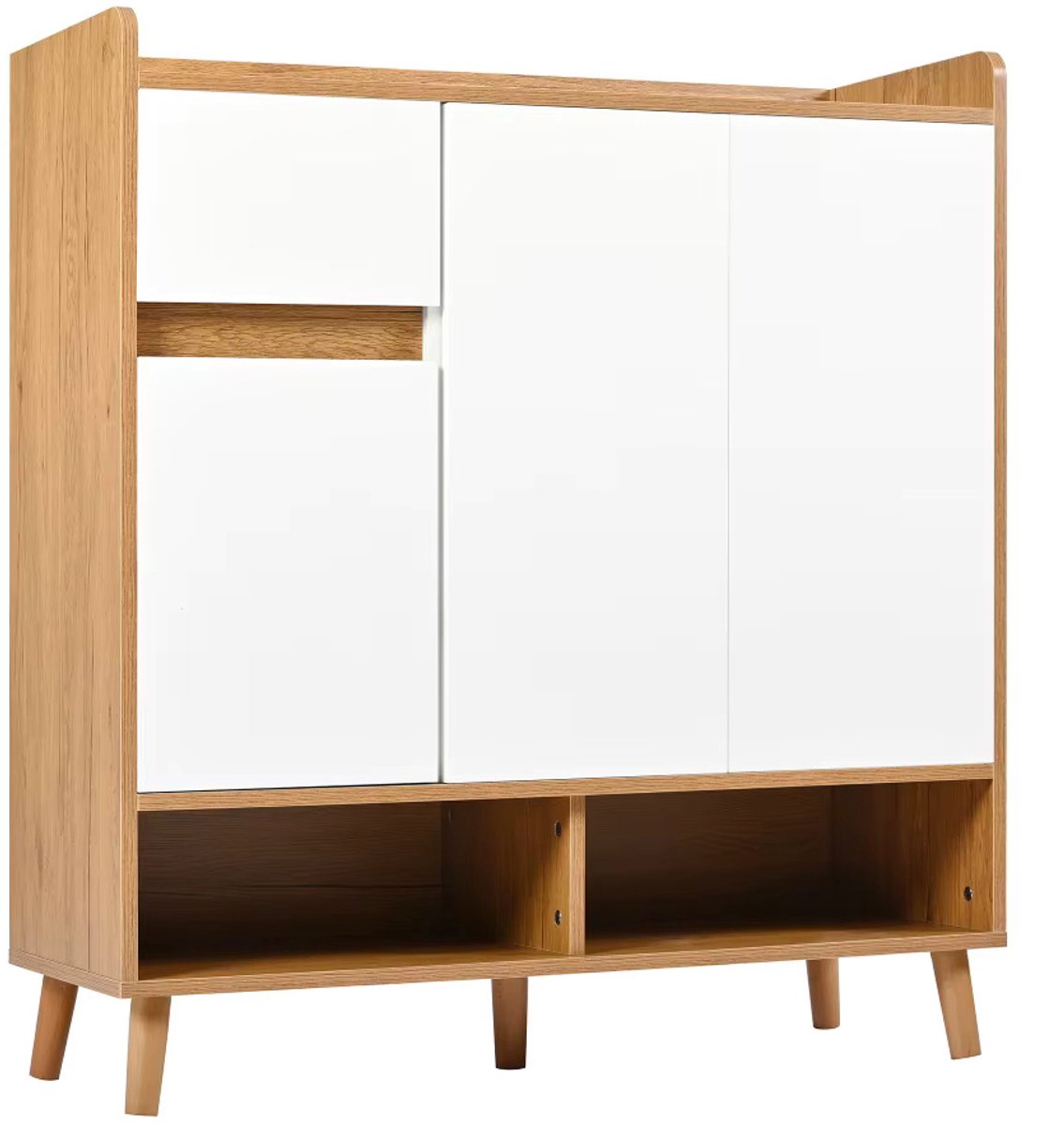 Emvae Schoenenkast - Dressoir - Halkast - met Lade en 4 Deuren - Opbergkast - 90 x 35 x 99 cm - Wit Natural Wood