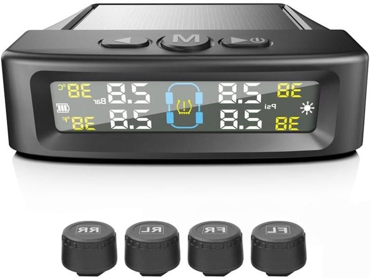 Bandenspanning Controlesysteem - TPMS Alarmsysteem - Veilig Rijden - Zonne-energie & USB - 4 Sensoren - Zwart