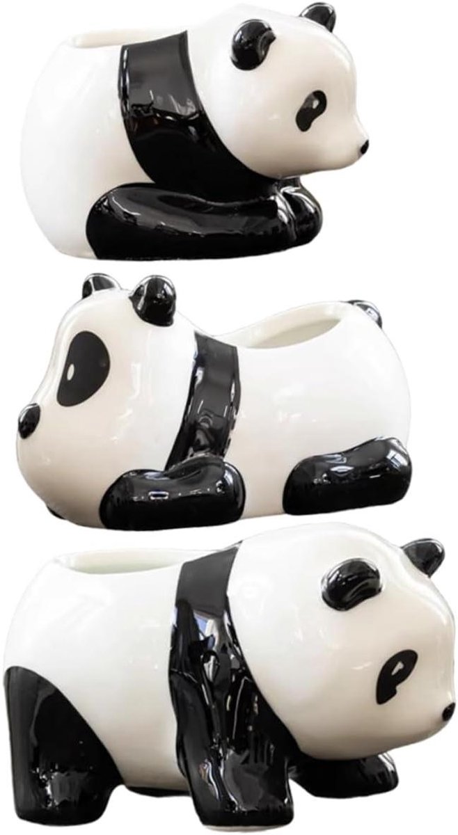 Dieren Bloempotten - Panda Potjes - Planten Decoratie - Keramisch Materiaal - 3 Stuks - Wit Zwart