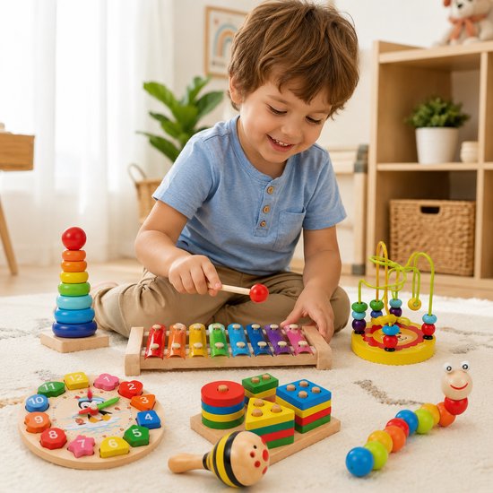 Kleine Ontdekkersspeelset 7 delig - Houten Educatief Speelgoed - Montessori Speelgoed - Peuter Speelgoed - Fijne Motoriek - Stapeltoren, Xylofoon, Leerklok, Kralenlabyrint, Vormenstoof, Rupsje, Maracas - IntelliKids van Intellikids — afbeelding 3