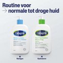 Twee Cetaphil flacons: een blauwe Reinigingslotion en een groene Moisturising Lotion. Voor een routine voor normale tot droge huid.