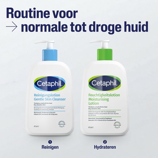 Twee Cetaphil flacons: een blauwe Reinigingslotion en een groene Moisturising Lotion. Voor een routine voor normale tot droge huid.