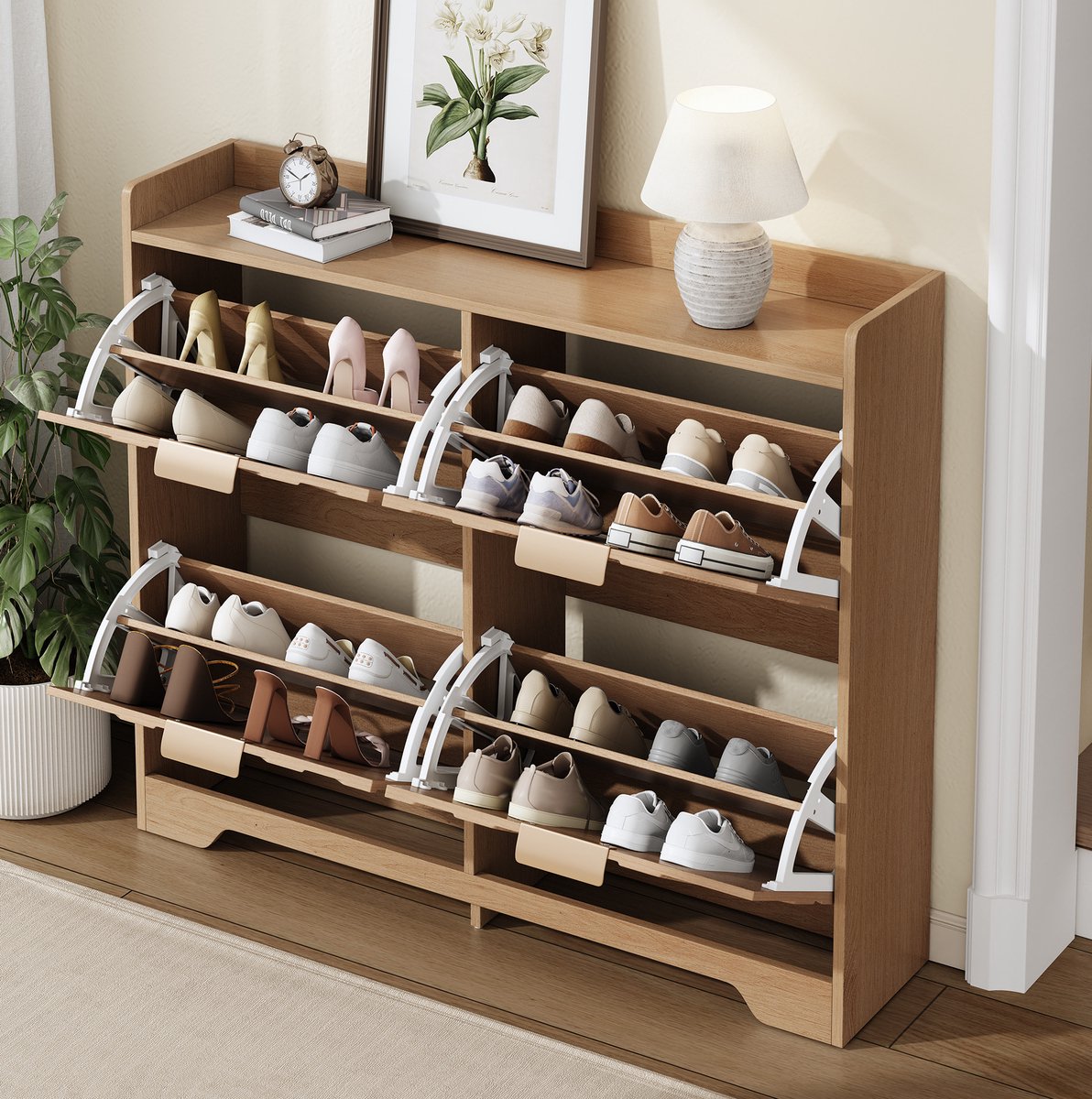 DESMIU Schoenenkast - 4 Klepvakken Met 3D Front - Ruimtebesparend Voor Hal En Entree - MDF - 105 x 24 x 90 Cm - Naturel