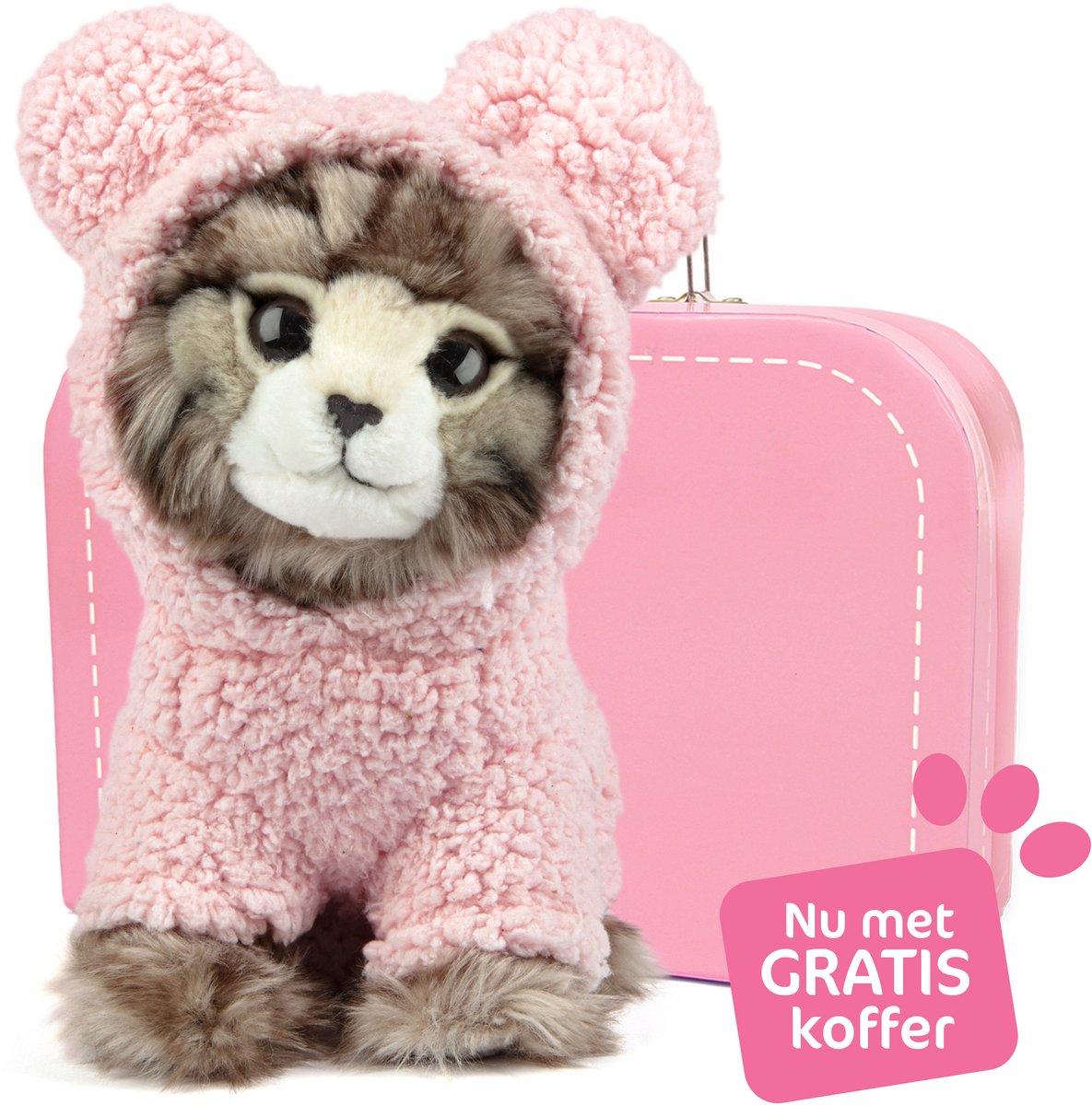 Studio Pets® Knuffel Britse Langhaar Kat Paige (23 cm) met Roze Teddy Hoodie en GRATIS Koffer