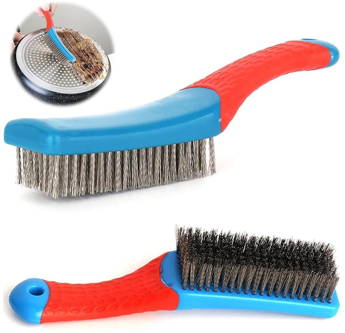 Set van 2 roestvrijstalen draadborstels met stevige plastic handgreep voor het reinigen van grillroosters en keukengerei, ideaal voor barbecue en koken