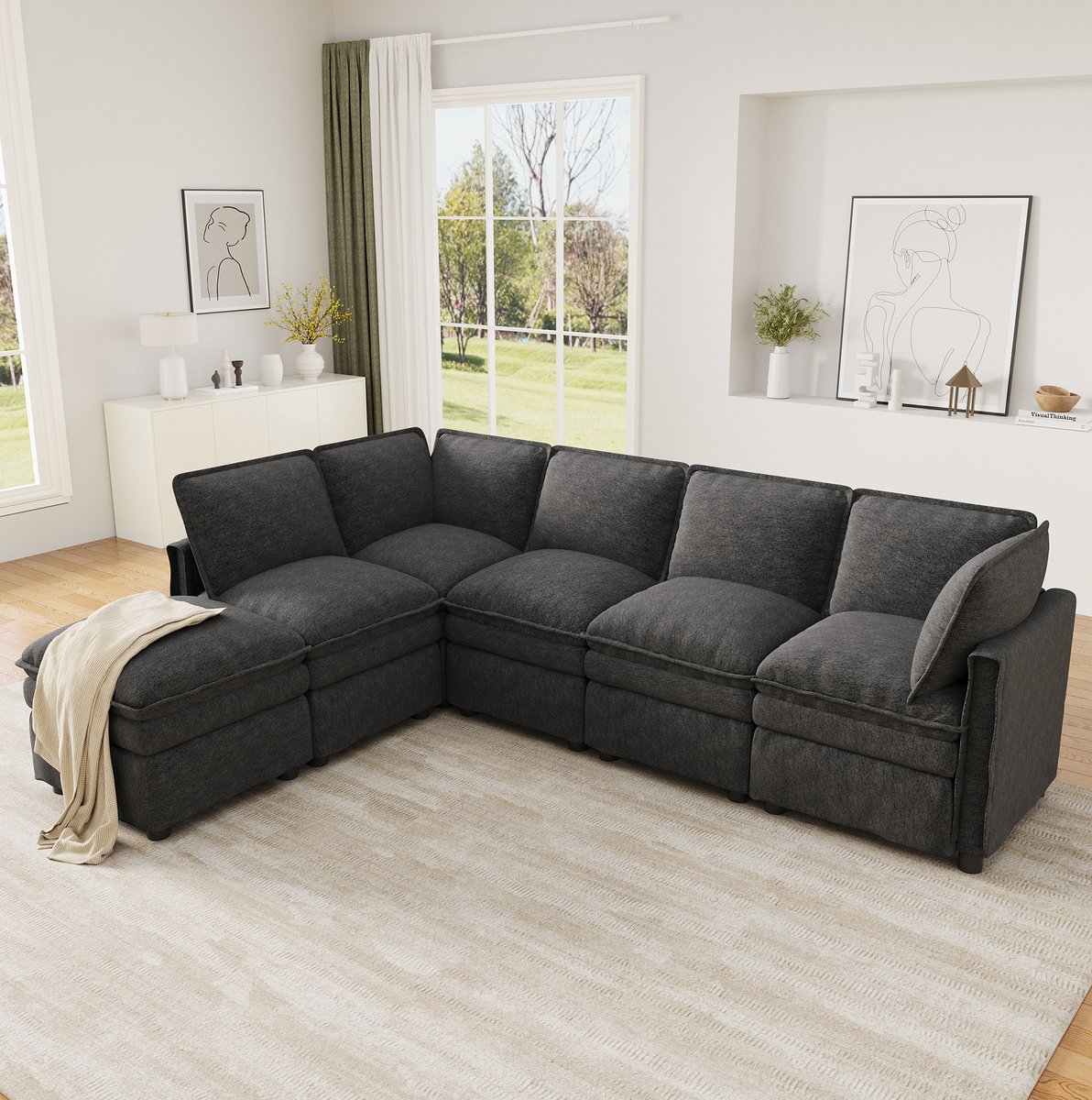 OKWISH Hoekbank 344 x 127 x 91 cm - Modulaire 6-Zits Bank Met Slaapfunctie En Verplaatsbare Hocker - Voor Woonkamer Of Kantoor - Chenille - Grijs