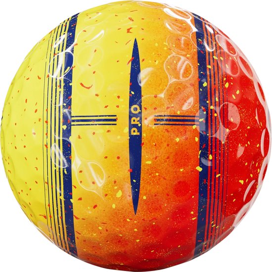 Geel-rode golfbal met blauwe strepen en het woord 'PRO'.