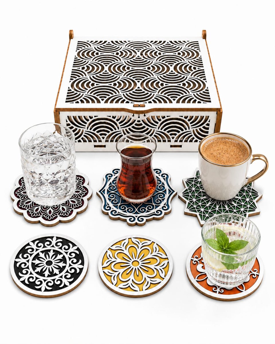 QORVANE Luxe Houten Onderzetters Set van 12 met Opbergbox – Lasergesneden Mandala Design – 6 Designs x 2 – Glasonderzetters voor Kopjes, Mokken en Glazen
