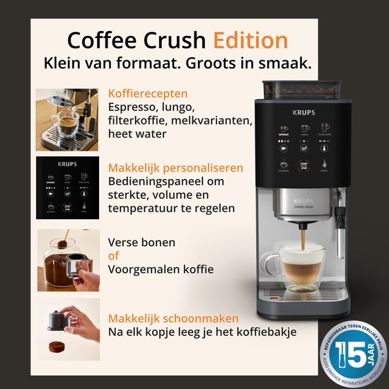 Grijze Krups volautomatische espressomachine met drie glazen mokken koffie en thee, met tekst "Koffie Crush Edition".
