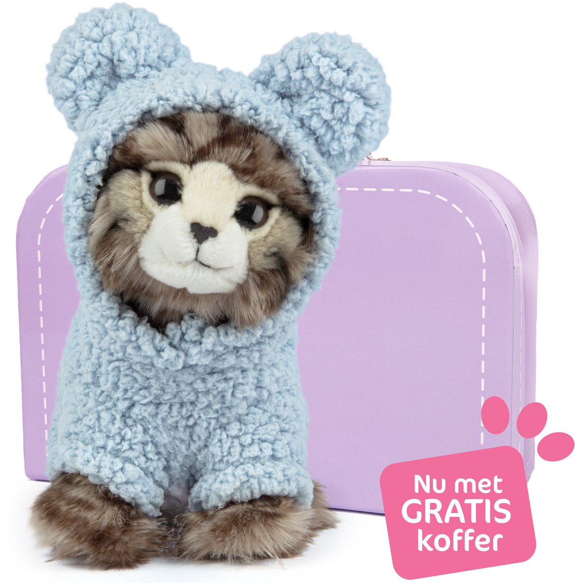Studio Pets® Knuffel – Britse Langhaar Kat Paige (23 cm) met Blauw Teddy Truitje en GRATIS Koffer– Pluche Knuffel voor kinderen
