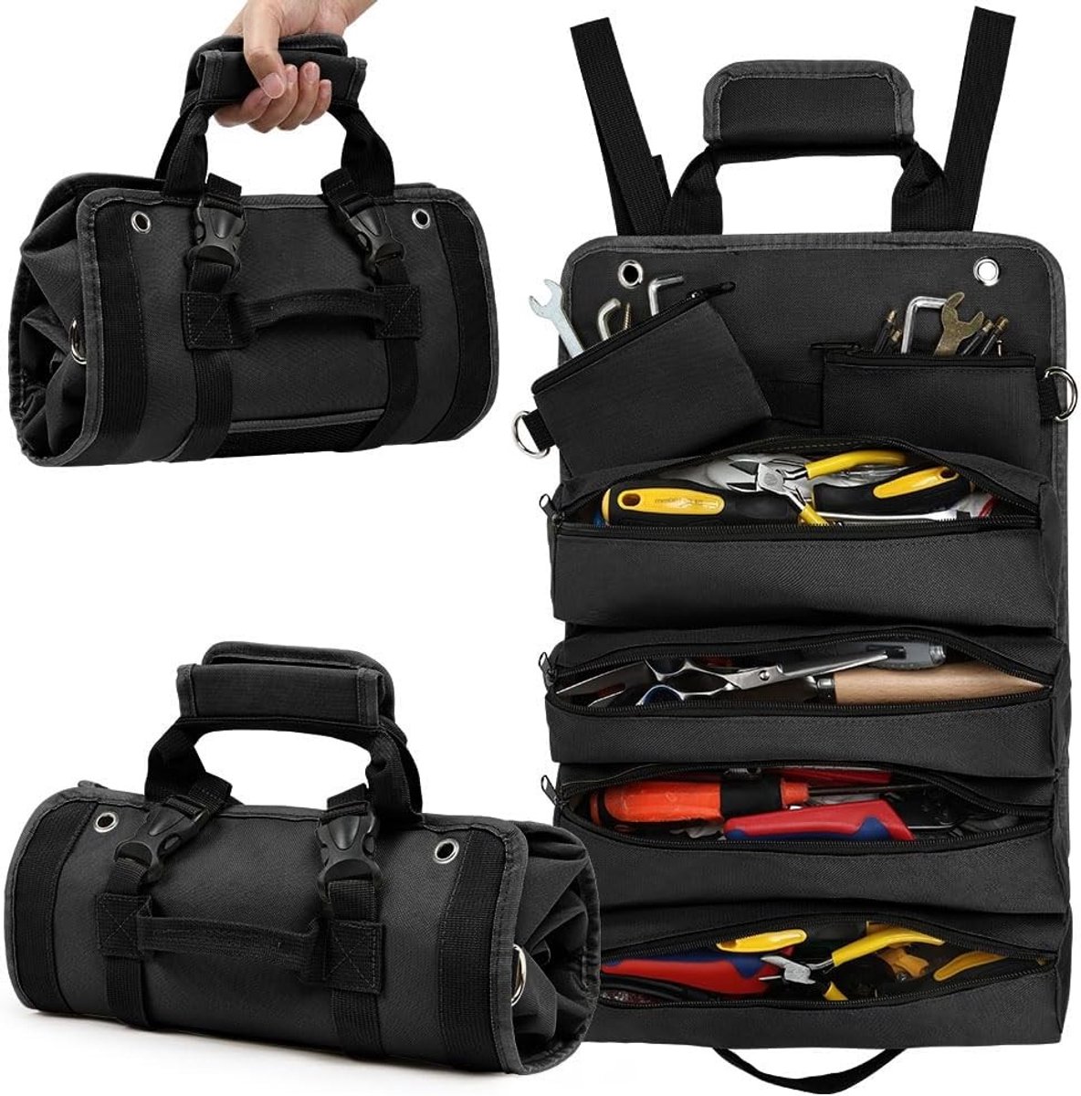 Tool Roll Tas met 4 Ritscompartimenten, Opvouwbare Gereedschapsopberger, Gereedschap Organizer voor Loodgieters, Ambachtslieden en Elektriciens (Zwart)