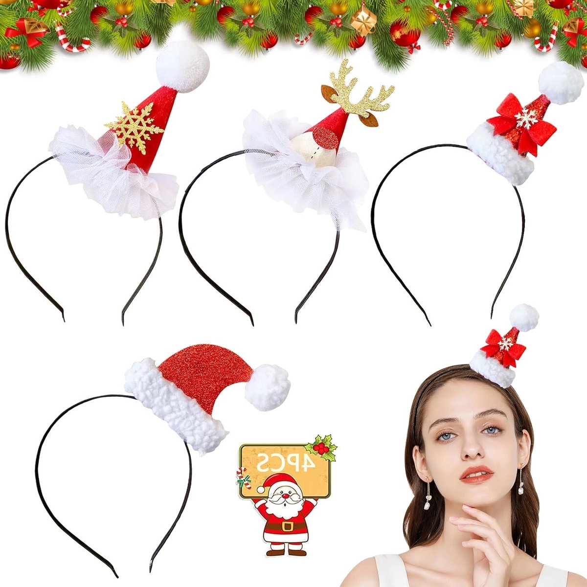 Feestelijke kerst haarbanden met rendierantlers - 4-delige set voor kinderen en volwassenen, perfect voor kerstkostuums en feestjes