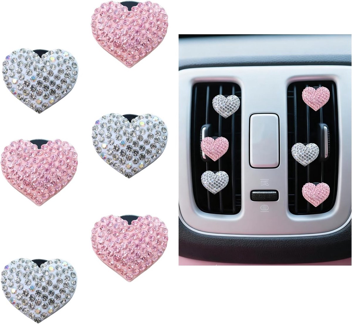 Luchtverfrisserclips set van 6 - Hartvorm - Auto-geurdispenser - Interieurdecoratie - Roze - Strassdesign