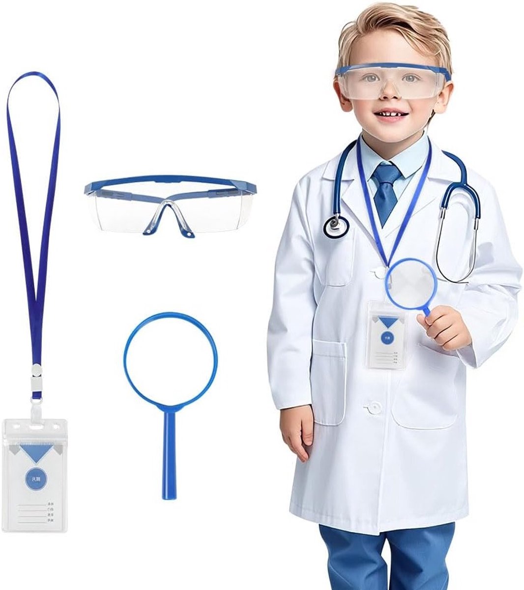 Laboratoriumjas voor Kinderen - 4-delig Wetenschapper Kostuum Unisex van Katoen voor Rollenspel en Verkleedplezier