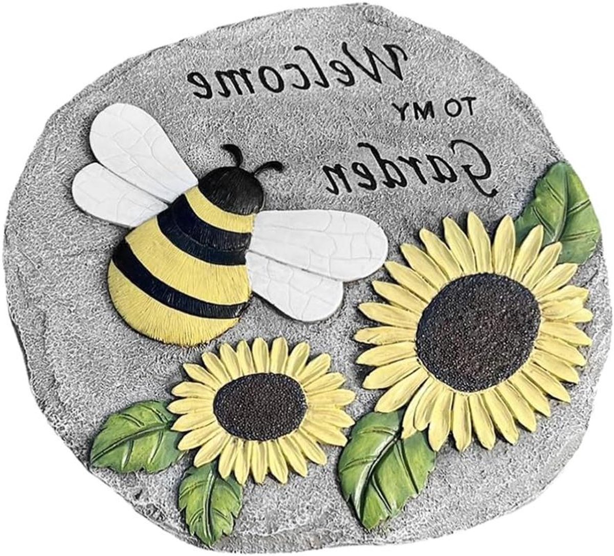 Tuinstapsteen Decoratie - Decoratieve Steen - Tuin Aankleden - Bij en Zonnebloem Design - 24.5 cm - Multicolor