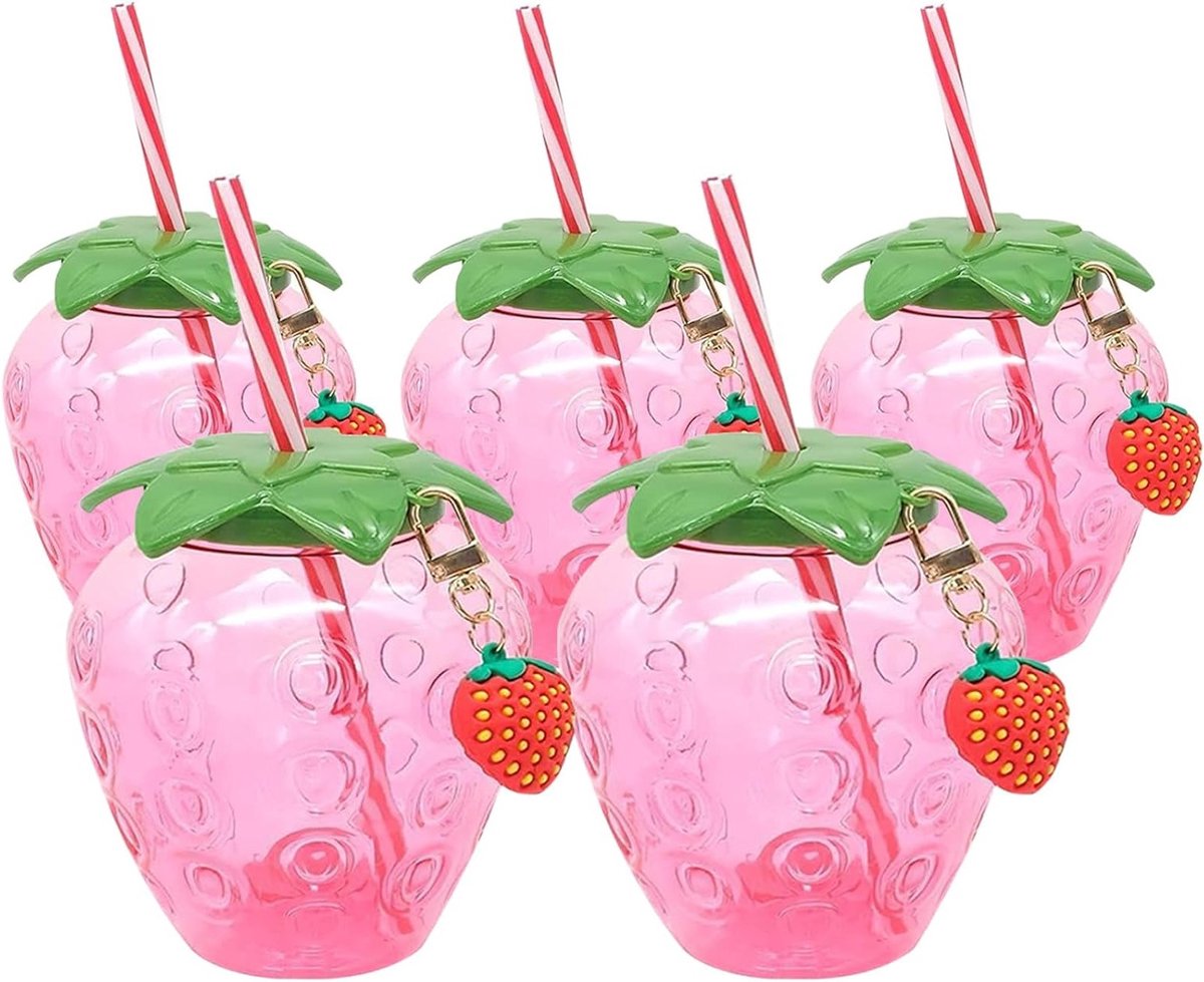 Set van 5 Aardbeien Bekers, Plastic Drinkbekers met Aardbeien Pendant, Geschikt voor Thuis, Kantoor en Restaurants, Ideaal voor Koffie en Water