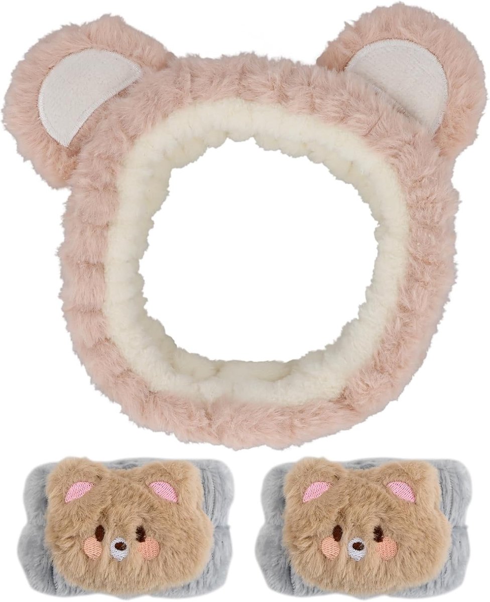 Set van 3 Hoofdbanden voor Gezichtsreiniging en Make-up, Elastische Haaraccessoires met Berenoren, Ideaal voor Douche, Sport en Schoonheidsroutine