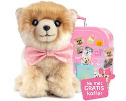 Studio Pets® Set van Knuffel Pomeriaan Hond PomPom (23 cm) met GRATIS Roze Kartonnen Koffer, Paspoort en Stickerboek – Complete Cadeauset voor kinderen