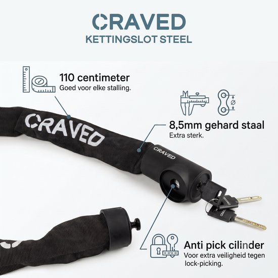 Craved ART 2 Kettingslot Steel - 110cm - Inclusief 3 sleutels - Geschikt voor fietsverzekering - Elektrische fiets & Fatbike van Craved — afbeelding 5