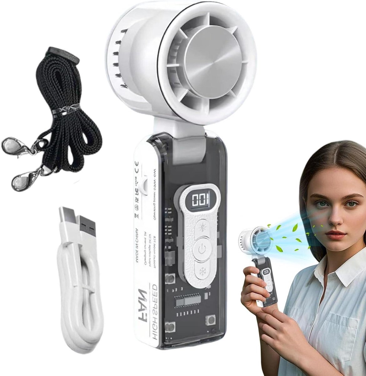 Handventilator - Persoonlijke Koeler - Buiten Koelen - Bladloos Veilig Ontwerp - 19 cm Hoog - Wit