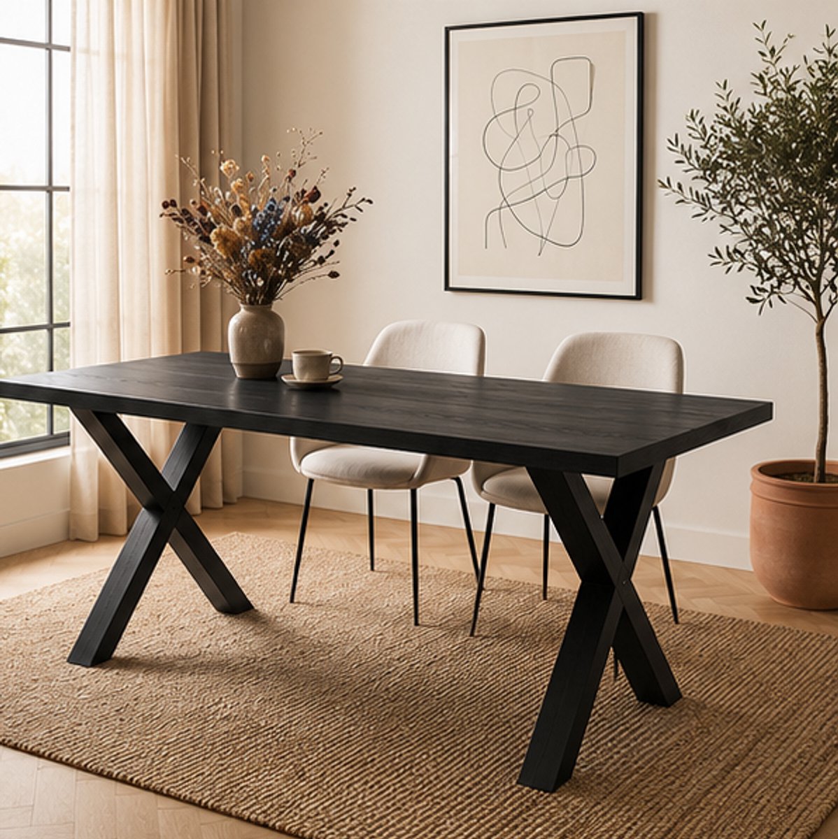 Moderne Industriële Eettafel 160 x 80 cm - Zwarte Houten Eettafel voor 4-6 Personen - Rechthoekige Keukentafel met Robuust Metalen X-Onderstel - Design Eetkamertafel - NovihomeStore