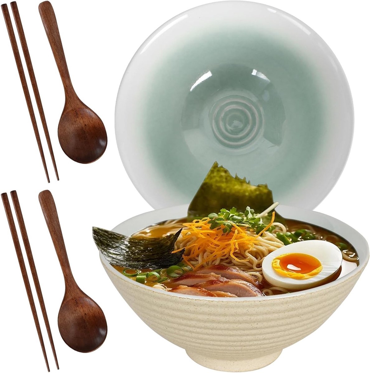 Set van 2 Keramische Ramenkommen van 1200ml met Stokken en Lepel - Ideaal voor Noodles, Soep, Salades en Groenten