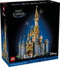 De voorkant van de LEGO Disney Kasteel set 43222 toont een gedetailleerd kasteel met vuurwerk.