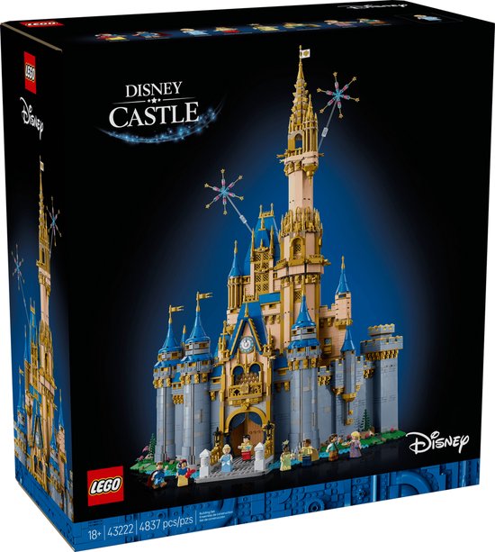 De voorkant van de LEGO Disney Kasteel set 43222 toont een gedetailleerd kasteel met vuurwerk.