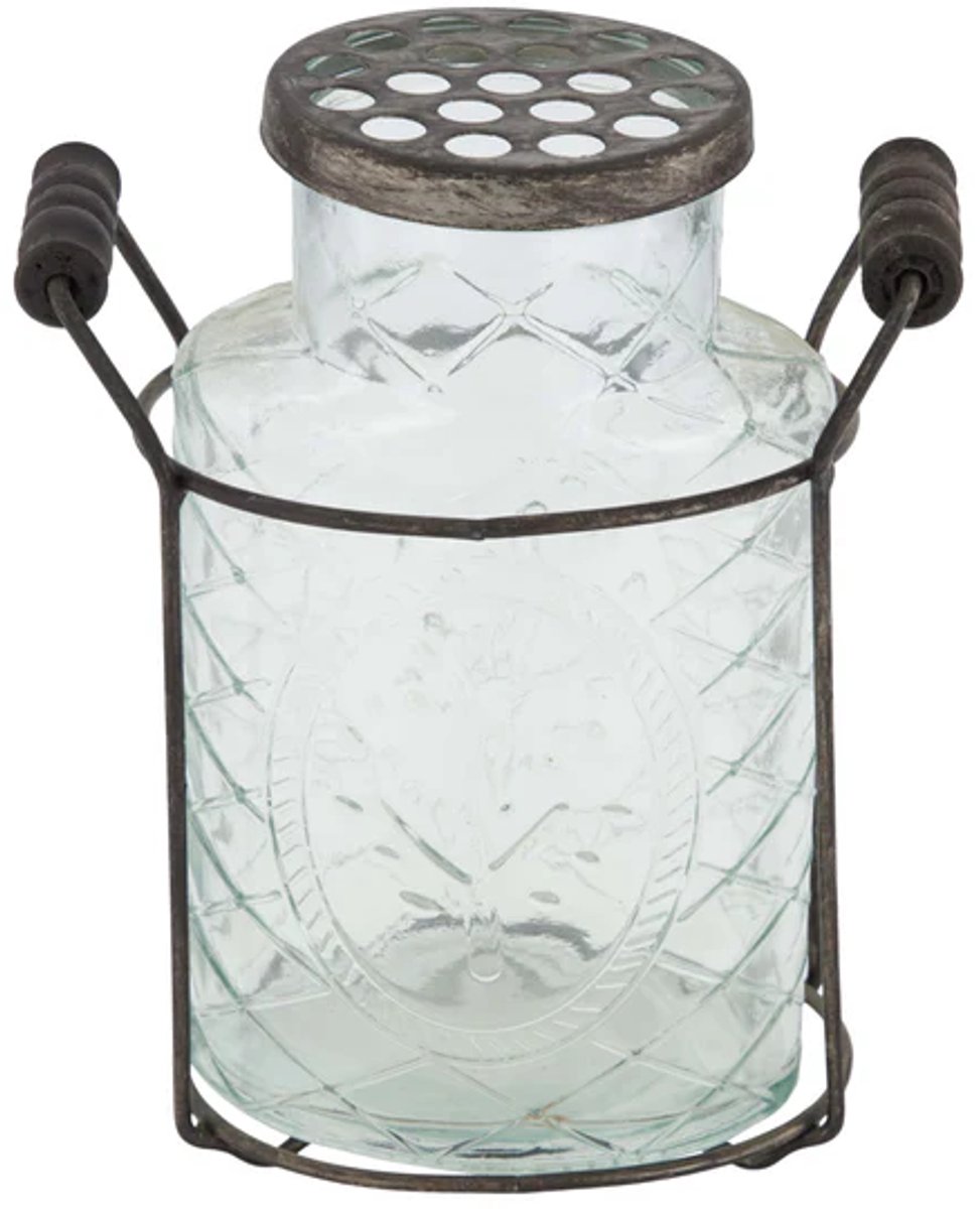 Vaas met deksel in metalen mand glas