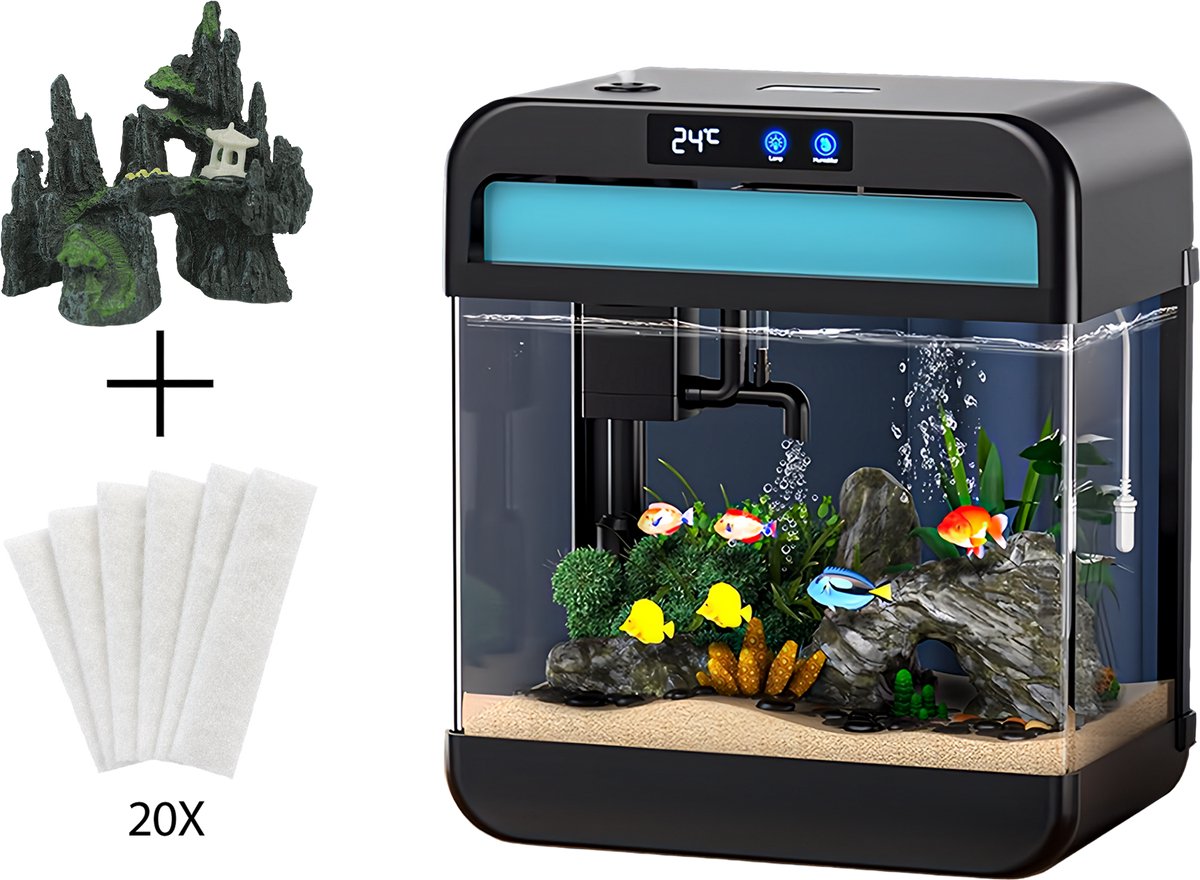 AquaImpact Premium Zelfreinigend Aquarium 26 L – Berghuis - 20 Filters - Decoratie - Set met 3‑in‑1 Pomp - LED & Touch Display – Timer & Dim Functie - Incl. Luchtbevochtiger - Garnalen Aquarium