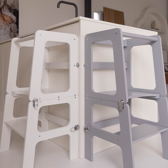 Jindl houten montessori leertoren 2-in-1 grijs - Het handige hulpje in de keuken - Ook als tafeltje met stoeltje te gebruiken
