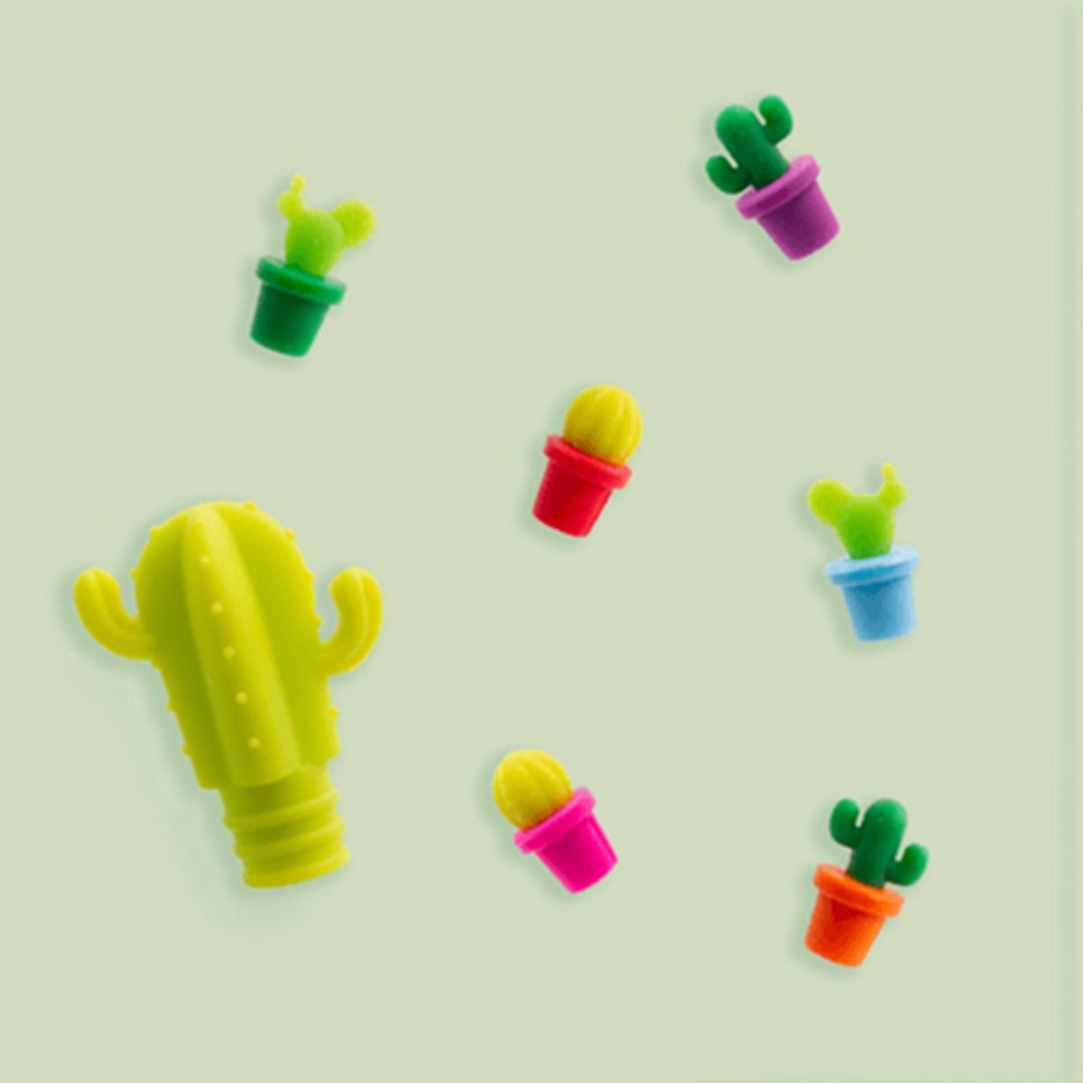 Dotz Set van flessenstop en 6 glasmarkers uit Platinum Silicone cactus