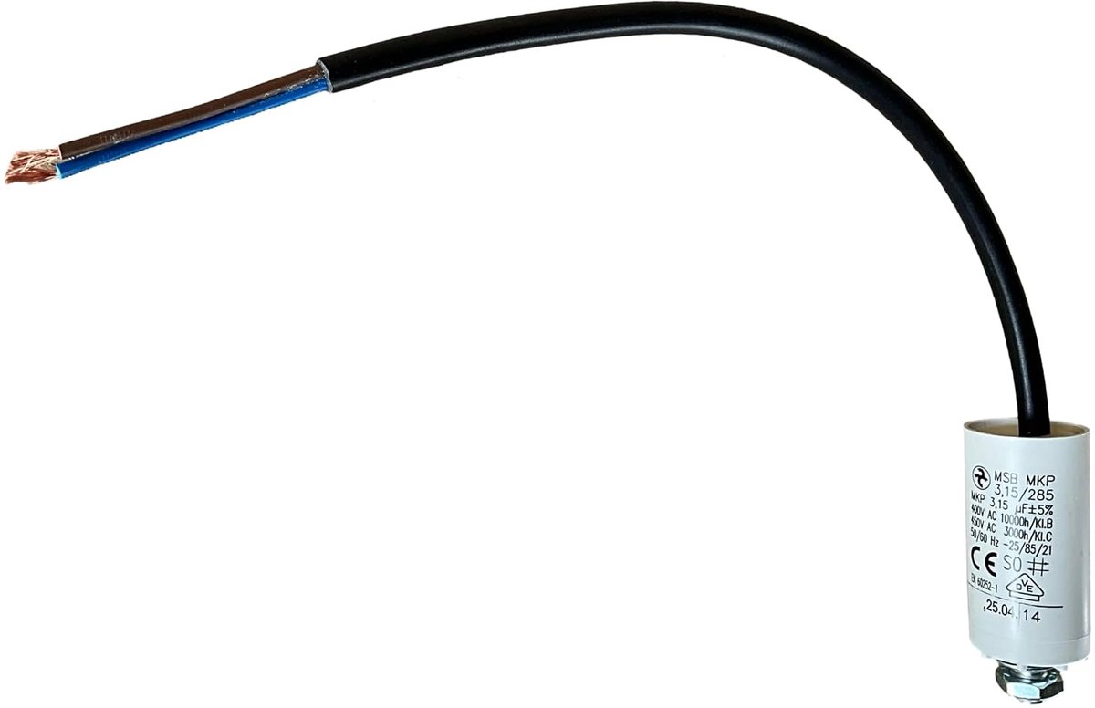 Permanent condensator 3,15 µF - 450 V AC - 250 mm kabel - Voor elektrische motoren - ShopVlot