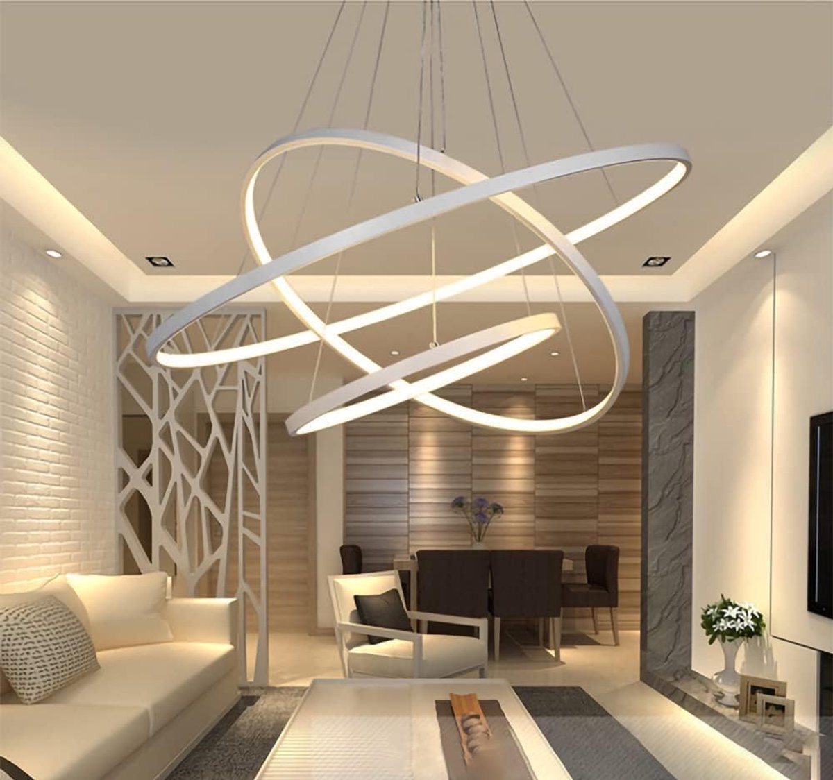 Hanglamp wit - creatieve ronde 3-ring ontwerp - dimbaar met afstandsbediening - sfeervolle verlichting voor woonkamer - ShopVlot
