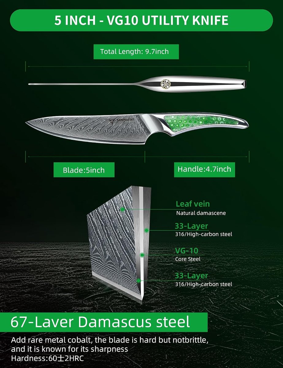 Multifunctioneel Mes 13 cm - Damaststaal VG-10 - Herringbone Handgreep van Groen Hars - Perfect voor Fruit - ShopVlot