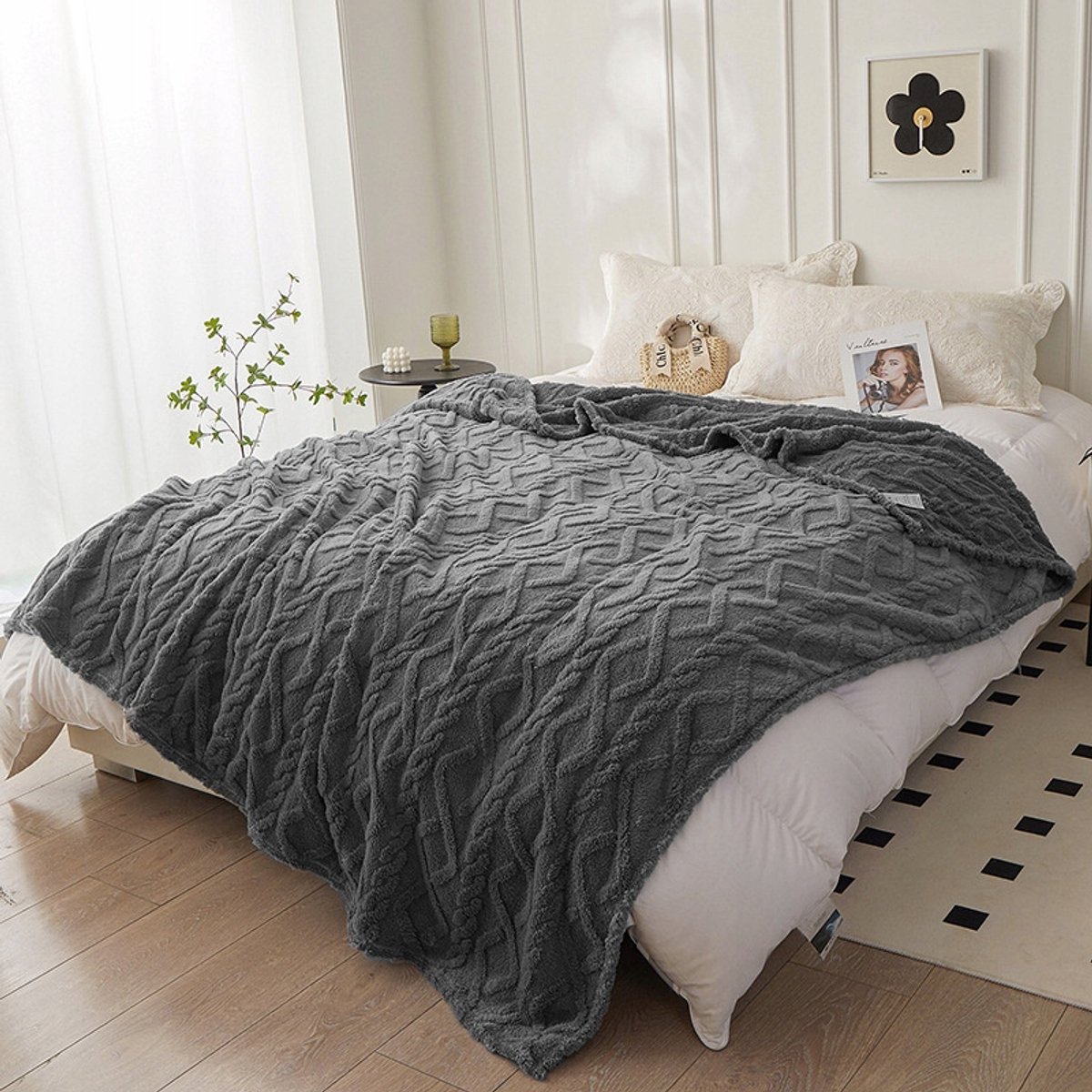 Zware 3D Gebreide Pluche Deken 160x200cm - Donkergrijs