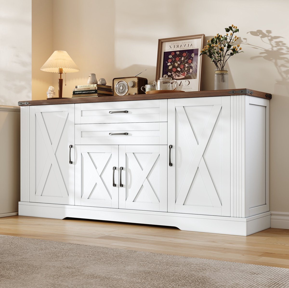 Keukenkast - Met 4 Deuren En 2 Lades, Verstelbare Planken En Soft-Close - Voor Woonkamer, Keuken En Eetkamer - Wit - 160x39x81,5 Cm
