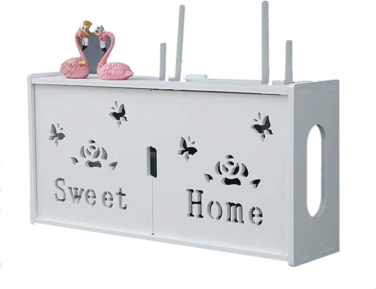 Wandrek voor router - witte kabelopslagbox - houten kunststof box - opgeruimde kabels - ShopVlot