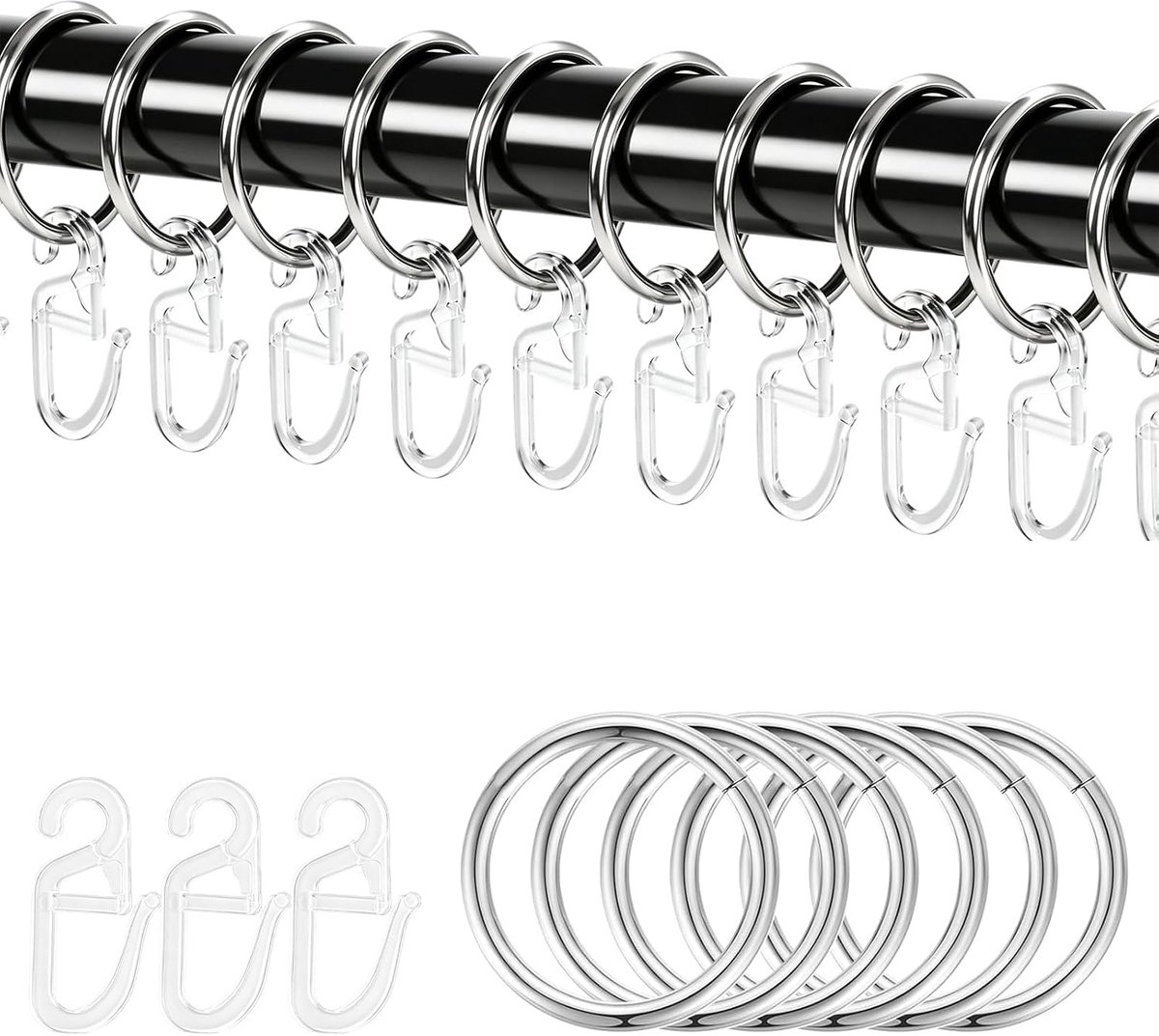 Gordijnringen 32 mm - Metalen zilver - Inclusief kunststof haken - Geschikt voor douche- en stoffen gordijnen - ShopVlot