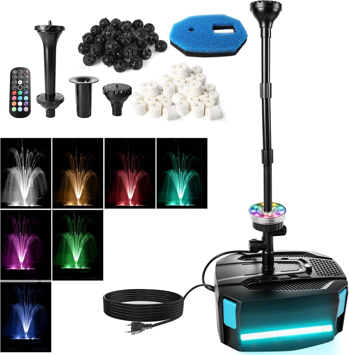 Vijverfontein met UV-zuiveraar en ledverlichting - 3300 l/h 45 W pomp - RGB-afstandsbediening - ShopVlot
