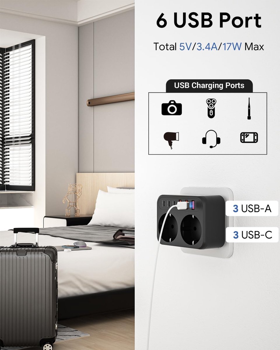 USB Stekkerdoos met 2 Stopcontacten - 6 USB Poorten - Ruimtebesparend Ontwerp - Ideaal voor Thuis en Kantoor - ShopVlot