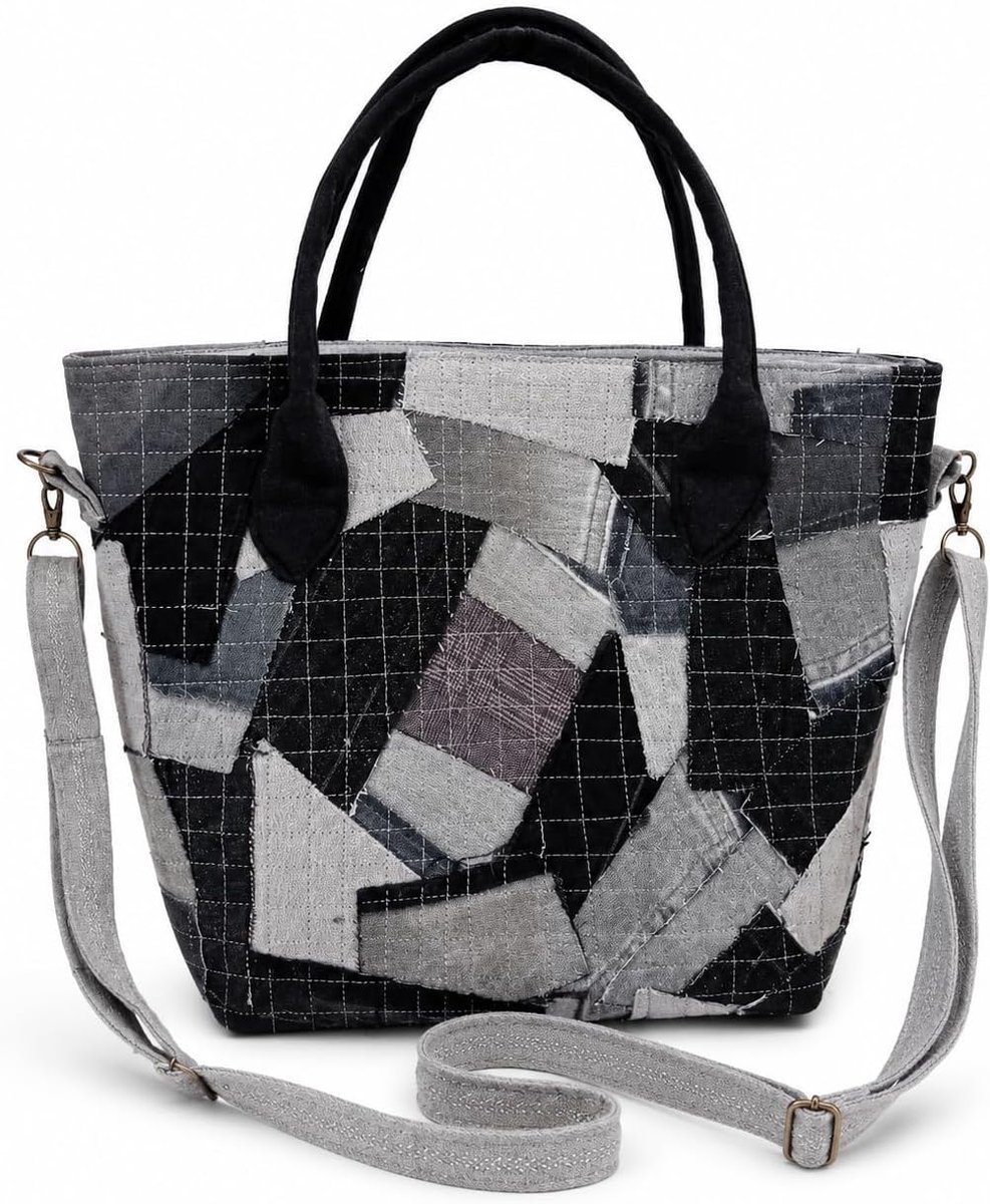 Tote Bag Dames - Handgemaakt Denim Patchwork - Zwart & Grijs - Eco-vriendelijk en aanpasbare schoudertas - ShopVlot