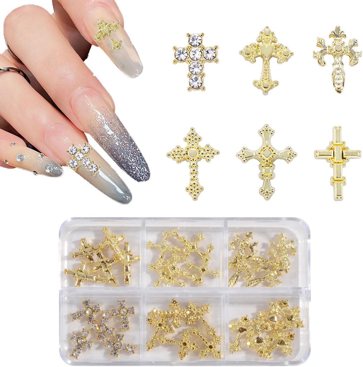 3D Cross Nail Rhinestones 60pcs - Gouden Charms - Shiny Steentjes - Perfect voor Nail Art - ShopVlot