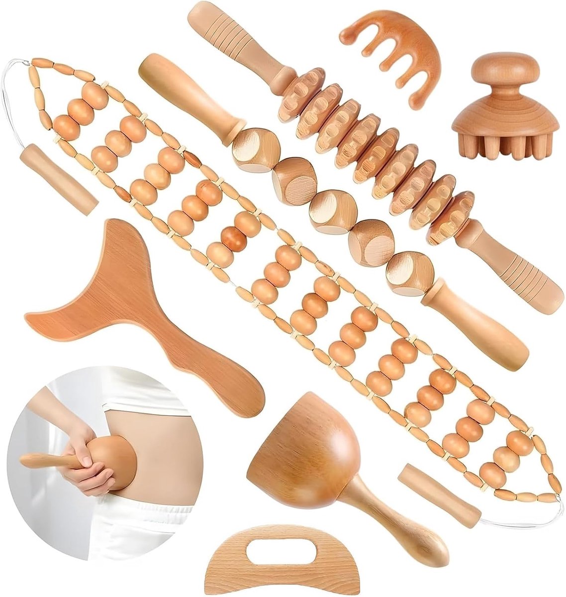8 in 1 houten massage tool set - professionele maderotherapie - compleet met gua sha en rollers - ShopVlot