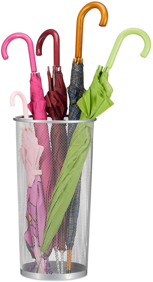 Metalen Paraplubak - Parapluhouder met Geperforeerd Gaasdesign - Ø 26 cm, Hoogte 50 cm - Stijlvolle Paraplubak met Lekbak voor Entree, Hal en Kantoor - Zilverkleur