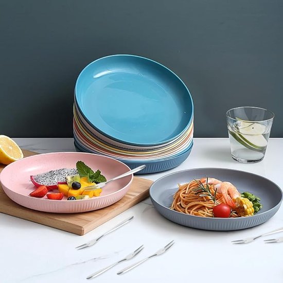Set van 10 kunststof borden met 10 fruitvorken - Herbruikbare eetborden voor picknick, camping, pasta en salade - Vaatwasser- en magnetronbestendig - PromoHome — afbeelding 4
